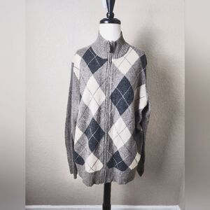 J. Crew Lambwools Argyle Zip-Up Elbow Patch Sweater Cardigan Gray  Size L